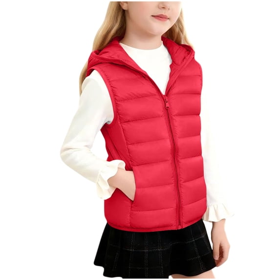 HBGVBA Girl's Zip Up Puffer Vest Hooded Sleeveless Coat,Solid Color Full-Zip Vest Casual Thermal Outer Multi-Season Wear 3-14 Years