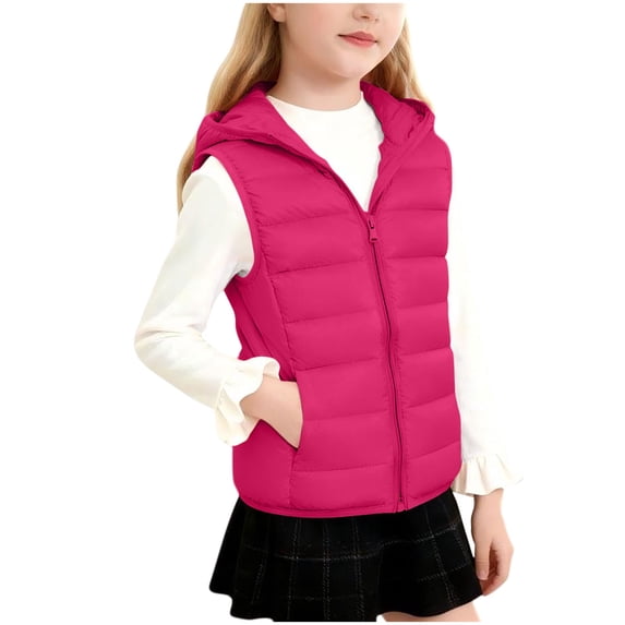 HBGVBA Girl's Zip Up Puffer Vest Hooded Sleeveless Coat,Solid Color Full-Zip Vest Casual Thermal Outer Multi-Season Wear 3-14 Years