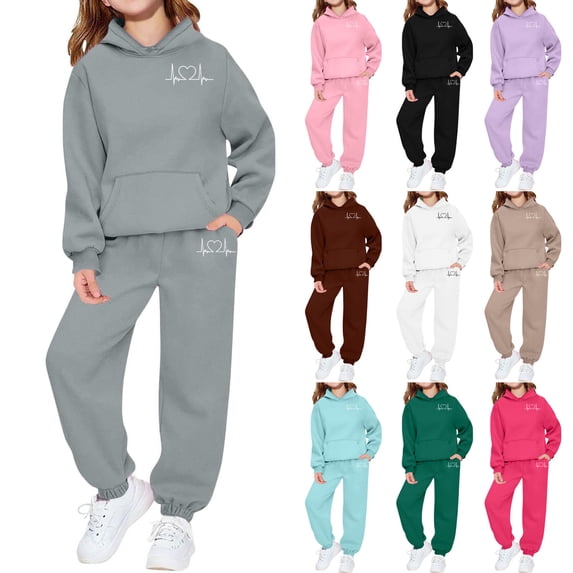 HBGVBA Girls 2 Piece Fleece Lined Set Heart Print Hoodie with Jogger Pants Casual Winter Outfit for 2-13 Years
