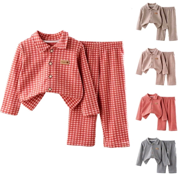 HBGVBA Girls 2 Piece Outfit Plaid Collared Long Sleeve Top with Pants Casual Winter Set for 0-12 Years