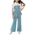 thumbnail image 1 of HBGVBA Girls 2 Piece Outfit Short Sleeve Colorblock Top with Wide Leg Pants Casual Set for 4-13 Years, 1 of 6