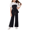 thumbnail image 1 of HBGVBA Girls 2 Piece Outfit Short Sleeve Colorblock Top with Wide Leg Pants Casual Set for 4-13 Years, 1 of 6