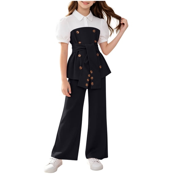 HBGVBA Girls 2 Piece Outfit Short Sleeve Colorblock Top with Wide Leg Pants Casual Set for 4-13 Years