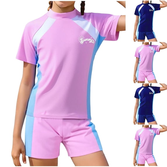 HBGVBA Girls 2 Piece Surf Set,Casual Bathing Swimsuit,Kids Short Sleeve Top Shorts Swimwear Surf Suits for 3-16 Years Boys Girls