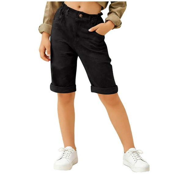 HBGVBA Girls Bermuda Shorts,Casual Solid Color Shorts with Pocket,5-16 Years Faux Linen Elastic Waist Solid Color Knee Length Pants Outdoor Summer Shorts
