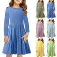 thumbnail image 1 of HBGVBA Girls Casual Long Sleeve Dress Crew Neck Dresses Solid Color Gathered Basic Outfit Fall Kids Fashion Garment, 1 of 5
