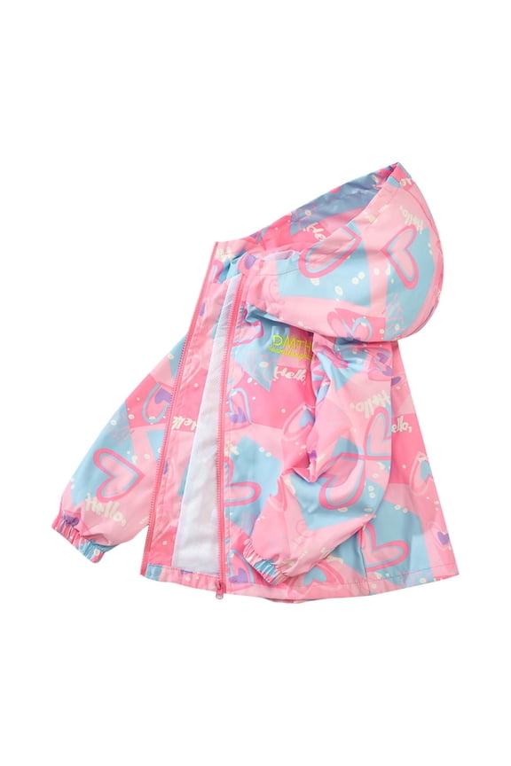 Girls Casual Zip Up Jacket,Heart Print Hooded Jacket Loose Outerwear For Fall Outdoor Sports Activities