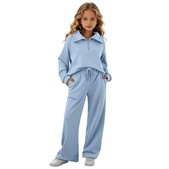 HBGVBA Girls Fall 2 Piece Outfits Half Zip Long Sleeve Sweatshirt Wide Leg Sweatpants with Pockets Casual Matching Set,10-12 Years