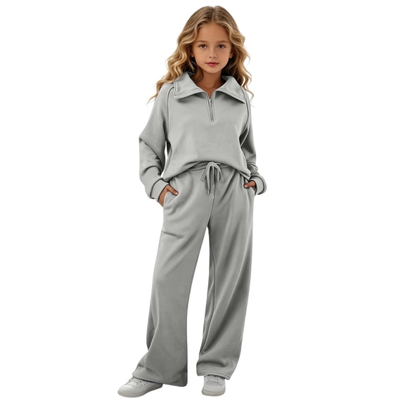 HBGVBA Girls Fall 2 Piece Outfits Half Zip Long Sleeve Sweatshirt Wide Leg Sweatpants with Pockets Casual Matching Set,12-14 Years
