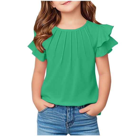 HBGVBA Girls Ruffle Sleeve Summer T-Shirts,5-13 Years Sleeve Ruffle Solid Color Crew Neck Tops