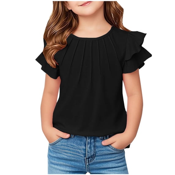 HBGVBA Girls Ruffle Sleeve Summer T-Shirts,5-13 Years Sleeve Ruffle Solid Color Crew Neck Tops