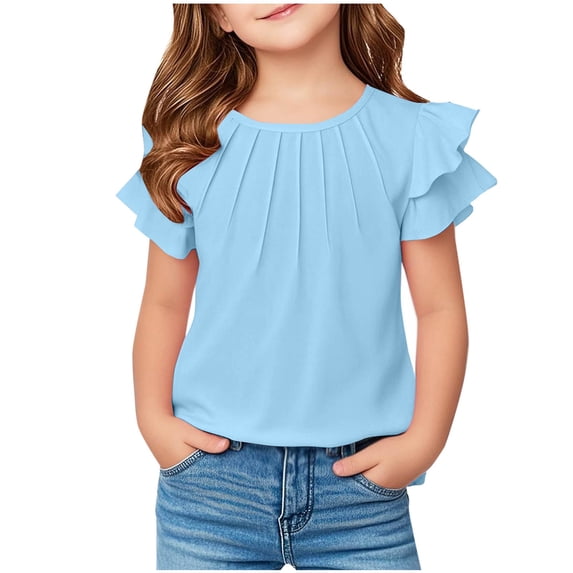 HBGVBA Girls Ruffle Sleeve Summer T-Shirts,5-13 Years Sleeve Ruffle Solid Color Crew Neck Tops