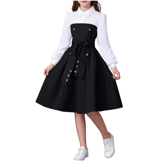 HBGVBA Girls School Long Sleeve Dresses,Summer Turndown Collar Sundress,8-13 Years Solid Color Collared Button Dress Classic Breathable Everyday Kids Dress