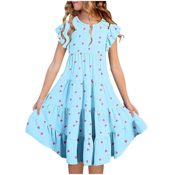 HBGVBA Girls Short Sleeve Dresses,Print Color Midi Sundress,6-15 Years Crew Neck Waist Cinched Dress with Pockets and Ruffles