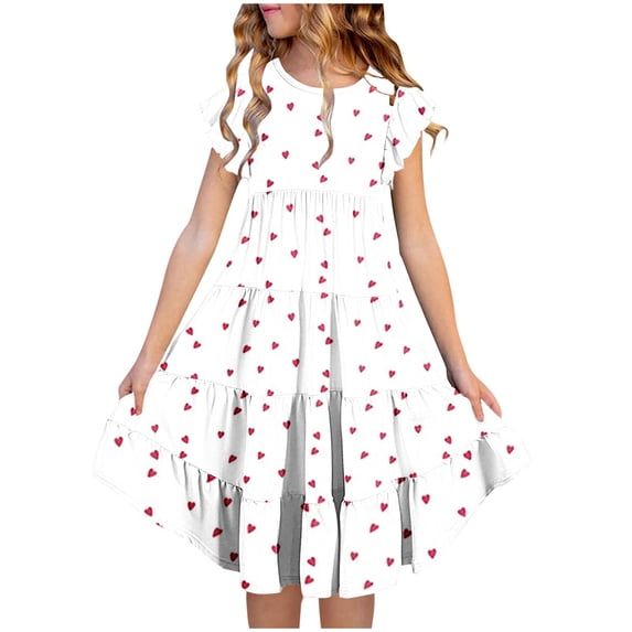 HBGVBA Girls Short Sleeve Dresses,Print Color Midi Sundress,6-15 Years Crew Neck Waist Cinched Dress with Pockets and Ruffles