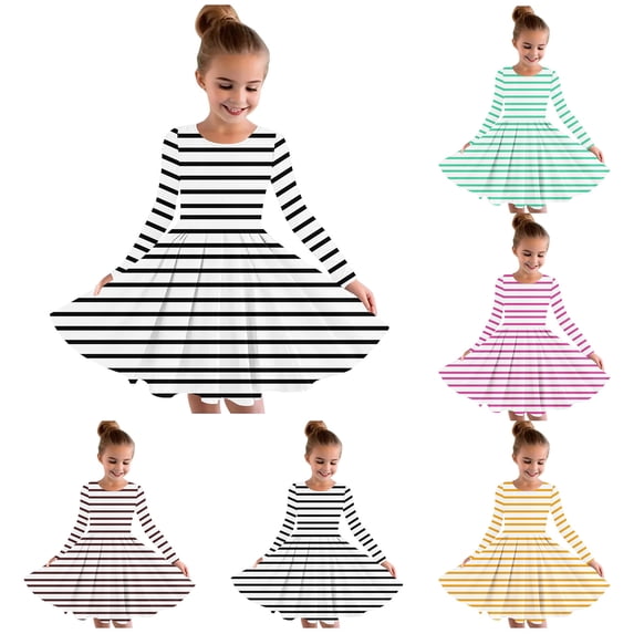 HBGVBA Girls Stripe Skater Twirl Dress Long Sleeve Crew Neck Dresses Halloween Print Light Layer Garment For Fall Cool Weather