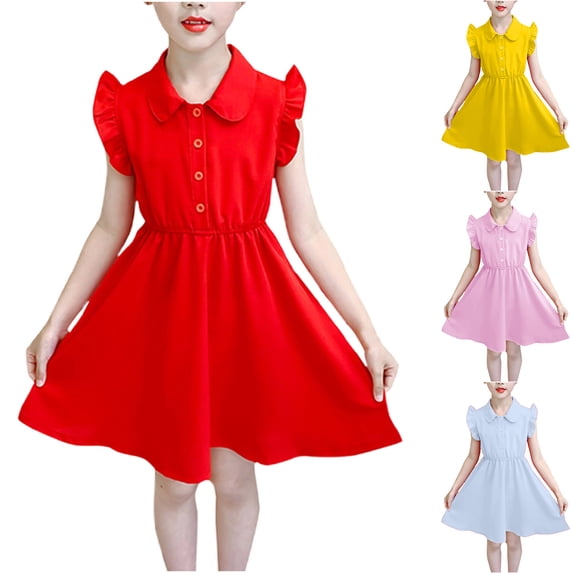 HBGVBA Girls Summer Midi Dresses,Casual Turndown Collar Sundress,8-16 Years Fashion Solid Color Frill Button Collared Daily Dress