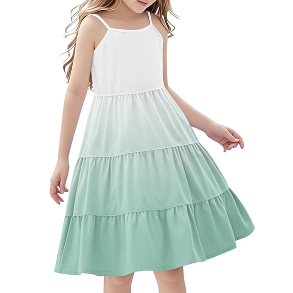 HBGVBA Girls Summer Sleeveless Dresses,Gradient Color Midi Sundress,Bohemian Overall Strap Sundress Tiered Flowy Lightweight
