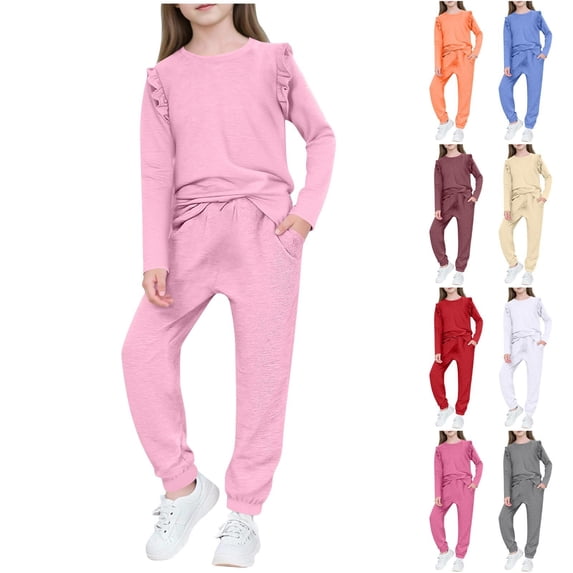 HBGVBA Kids 2 Piece Set Solid Color Ruffle Sleeve Crewneck Top with Pocket and Pants Casual Winter Loungewear for 4-13 Years