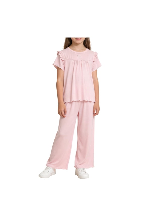 Little and Big Girl's Casual 2 Piece Outfit Set,Loose Short Sleeve T-Shirts and Wide Leg Pants,1-16 Years Short Sleeve Pants Set Thin Princess Style