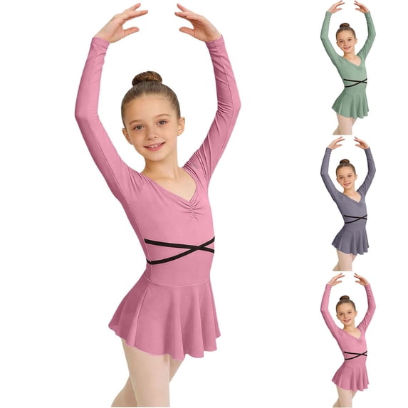 HBGVBA Little Girl and Teen Girl Dance Dresses,Long Sleeve Slim Fitted Dress,3-15 Years Solid Long Sleeve Mesh Skirt V Neck Practice Leotard Dress