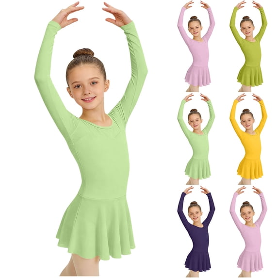 HBGVBA Little Girl and Teen Girl Dance Dresses,Long Sleeve Slim Fitted Dress,3-15 Years Solid Long Sleeve Skirt Crew Neck Dance Leotard Dress
