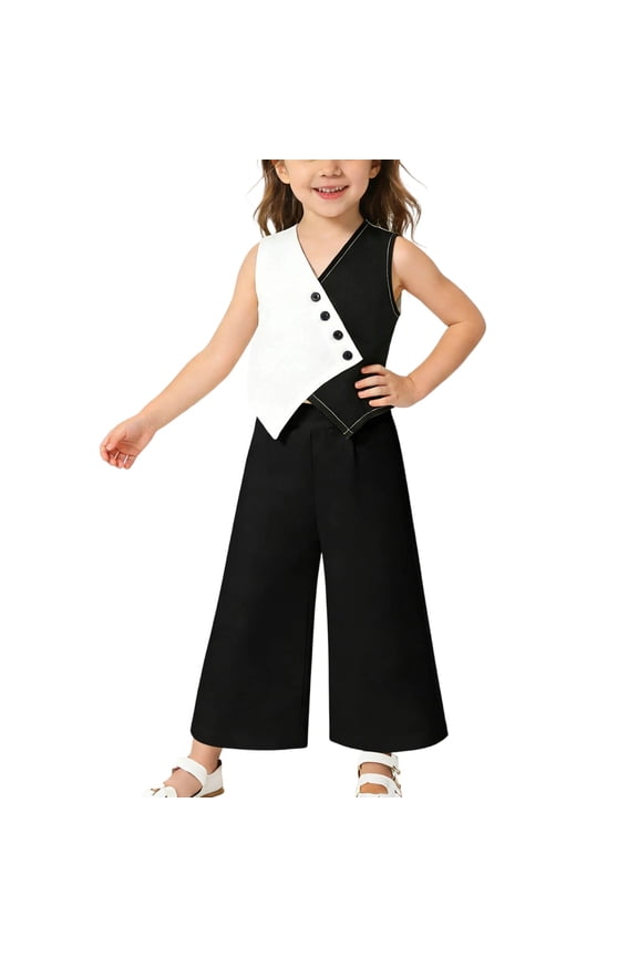 Little Girl's Tank Top Suits,Summer 2 Piece Outfit Set,2-8 Years V-Neck Vests Solid Wide Leg Long Pants Set