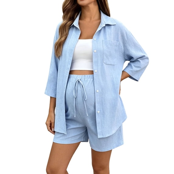 HBGVBA Maternity 2 Piece Casual Outfits Set Shirt Pajama Set Adjustable Waist 5 Length Short Pant Top With Side Pockets Soft Daily Home Outfit