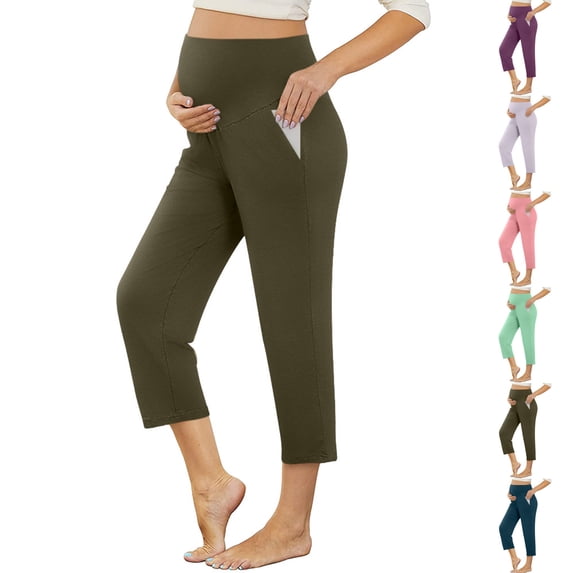 HBGVBA Maternity Capris Over Belly with Pockets Solid Color Thin Capris Pants Loose Elastic Support Summer Casual Activities
