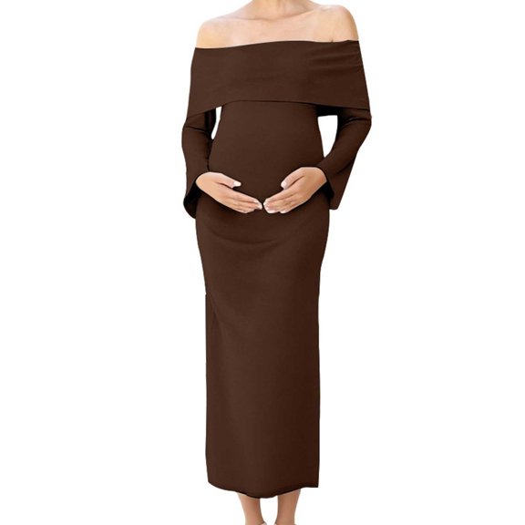 HBGVBA Maternity Off Shoulder Maxi Dress, Stretch Slim Fits Long Sleeve Flare Sleeve Solid Back Slit Photoshoot Gown