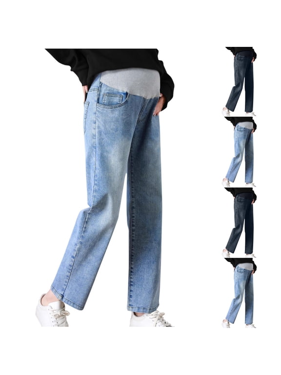 Maternity Straight Leg Jeans,Solid Color Over Belly Elastic Waist Straight Leg Denim Pants With Pockets For Pregnant Women Daily Casual Wear