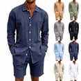 thumbnail image 1 of HBGVBA Men 2 Piece Outfit Long Sleeve Button Collared Shirt and Waist Elastic Shorts Set, 1 of 5