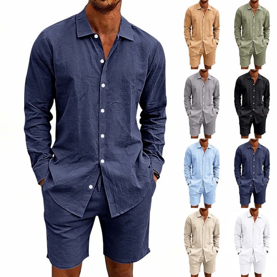 HBGVBA Men 2 Piece Outfit Long Sleeve Button Collared Shirt and Waist Elastic Shorts Set