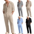 thumbnail image 1 of HBGVBA Men Casual Outfit Solid Color Loose Linen Button Hooded Long Sleeve Elastic Waist Drawstring Pocket Long Pants Beach Set, 1 of 5