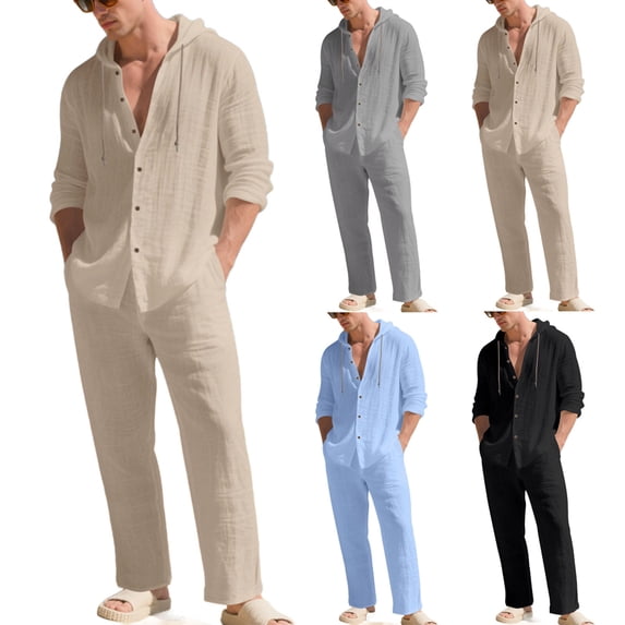 HBGVBA Men Casual Outfit Solid Color Loose Linen Button Hooded Long Sleeve Elastic Waist Drawstring Pocket Long Pants Beach Set
