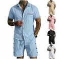 thumbnail image 1 of HBGVBA Men Casual Vintage Linen Elastic Waist Shorts Button Lapel Pocket Short Sleeve Shirt 2 Piece Beach Wear Outfit, 1 of 5
