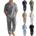 thumbnail image 1 of HBGVBA Men Loose Casual 2 Piece Solid Color Linen Button Down Lapel Long Sleeve Shirt Long Pants Set, 1 of 5