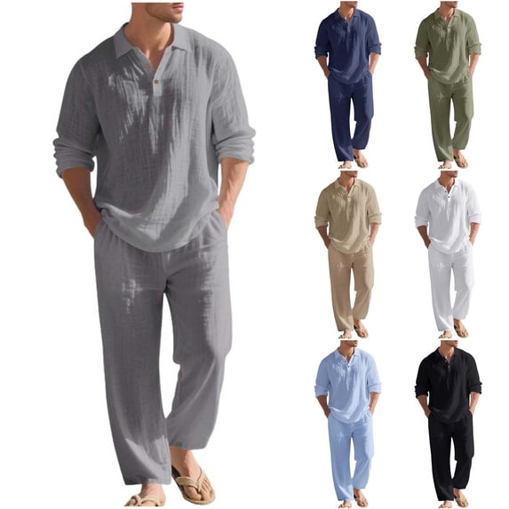 HBGVBA Men Loose Casual 2 Piece Solid Color Linen Button Down Lapel Long Sleeve Shirt Long Pants Set
