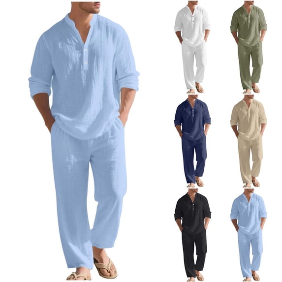 HBGVBA Men Summer 2 Piece Solid Color Lightweight Linen Button Stand Collar Long Sleeve Shirt Long Pants Beach Set
