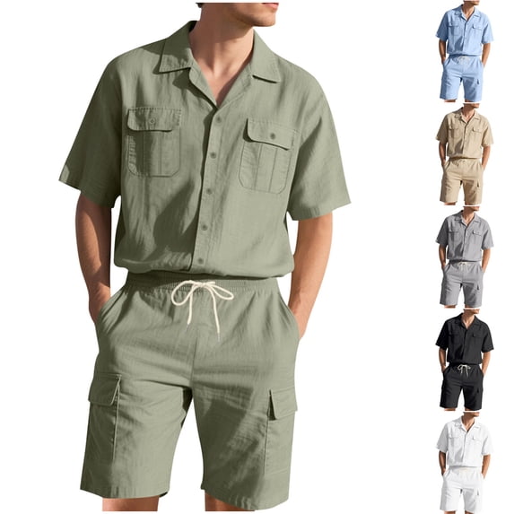 HBGVBA Men Summer Shorts Set Casual Solid Color Linen Pocket Short Sleeve Shirt Shorts 2 Piece Outfit Set