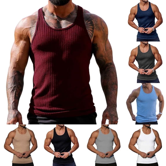HBGVBA Men's A-Shirt Tank,Workout Sleeveless Tee,Striped Knit Slim Fitted Racerback Crew Neck Shirt