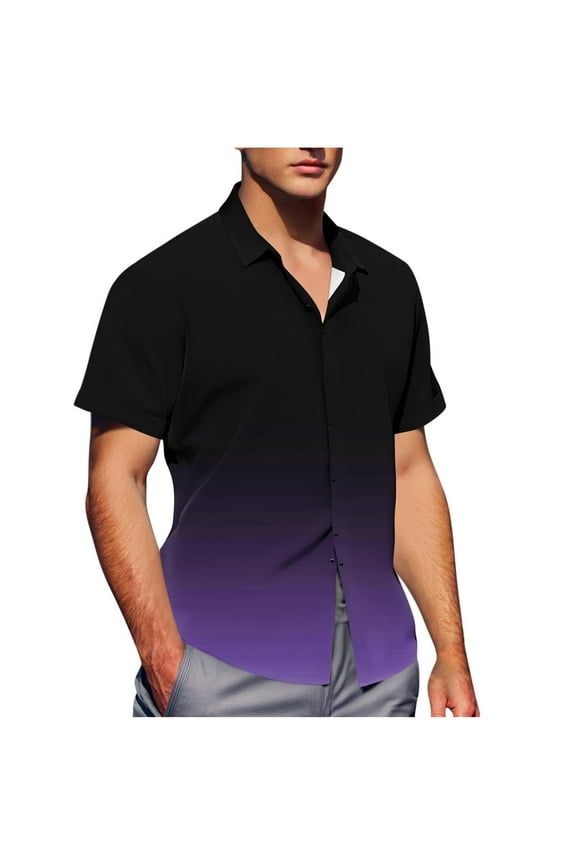 Men's Basical T-Shirts,Short Sleeve Tees for Men,Men's Button Down T-Shirts Gradient Short Sleeve Hidden Button Pocket Turn Down Collar Casual Wear Tops