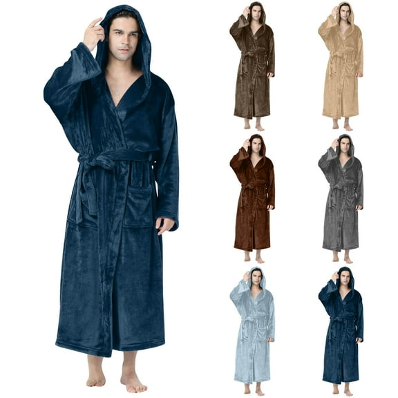Bovxnpu Men's Bathrobes, Mens Robe Fleece Long Sleeve With Hood With Pockets With Belt Bathrobe Loungewear Nightwear Home Wear Comfortable Soft Cozy Warm Winter Robe