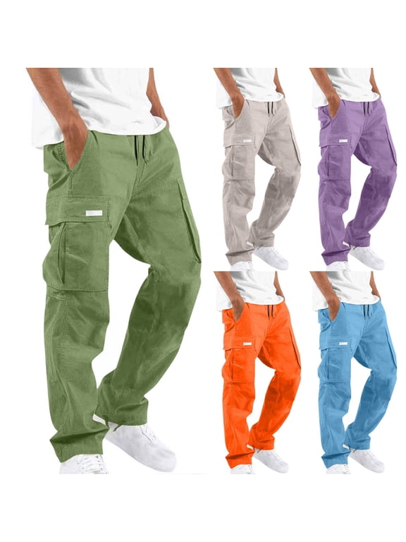 Men's Casual Cagro Pants,Straight Cargo Patch Drawstring Multi Compartment Pockets Stretchy Wear Long Fits Bottoms