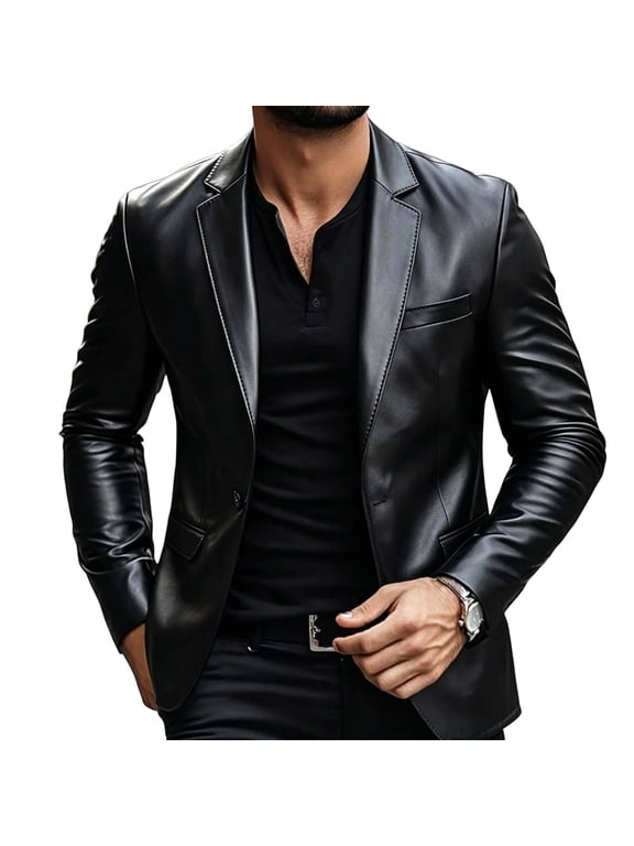 Men's Faux Leather Blazer Jacket, Notched Lapel One Button Coat, Chest Welt Pocket Slim Fit Business Formal Outerwear
