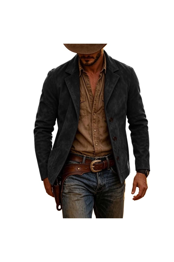 Men's Faux Suede Western Blazer Jacket, Notched Lapel Button Down Coat, Side Pockets Vintage Relaxed Fitted Cowboy Outerwear