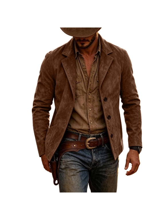 Men's Faux Suede Western Blazer Jacket, Notched Lapel Button Down Coat, Side Pockets Vintage Relaxed Fitted Cowboy Outerwear