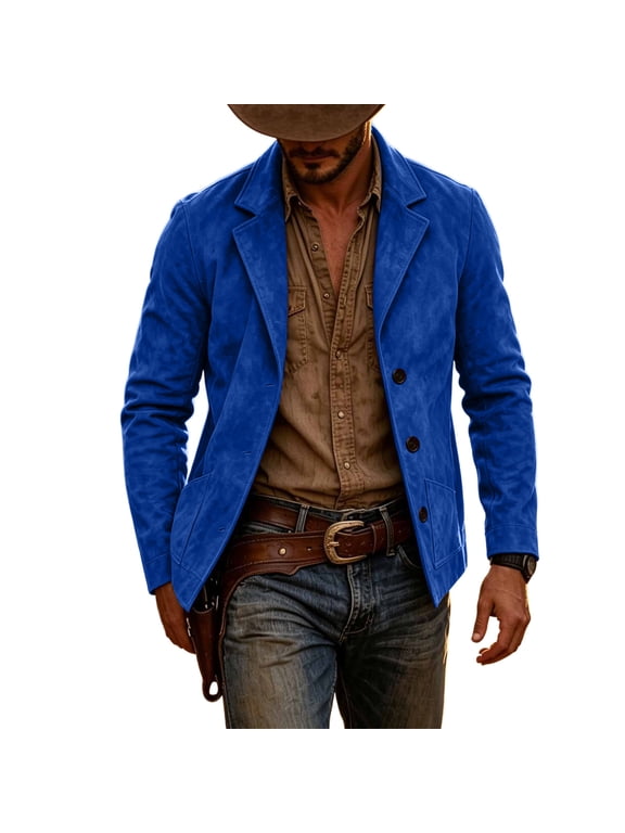 Men's Faux Suede Western Blazer Jacket, Notched Lapel Button Down Coat, Side Pockets Vintage Relaxed Fitted Cowboy Outerwear