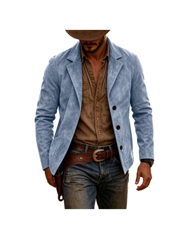 Men's Faux Suede Western Blazer Jacket, Notched Lapel Button Down Coat, Side Pockets Vintage Relaxed Fitted Cowboy Outerwear