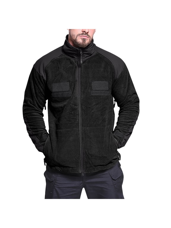 Men's Fleece Jacket Full Zip High Collar Nylon Shoulders Patches Zip Pockets Coat Military Outdoor Hiking Outerwear